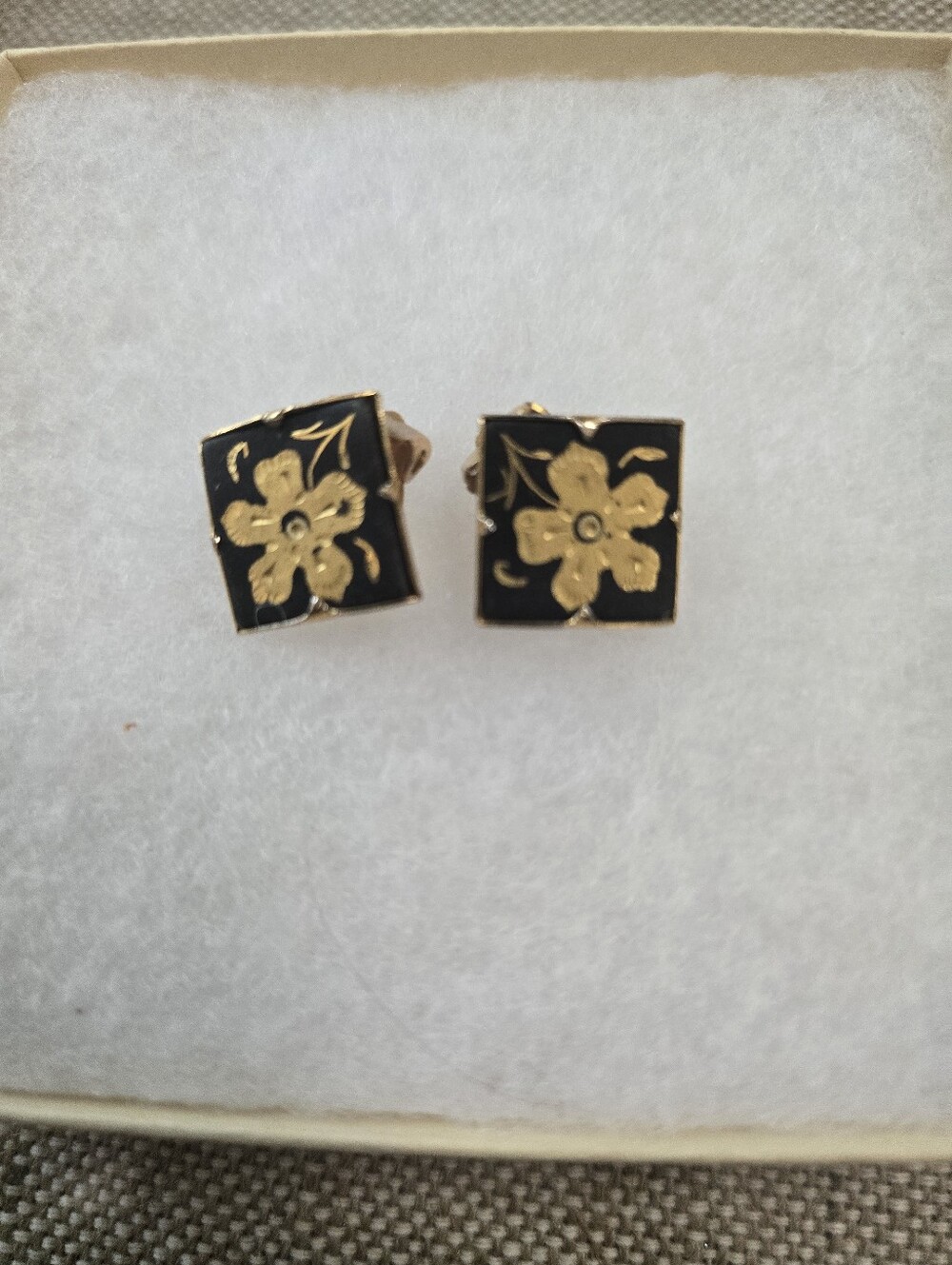 Vintage Clip Earrinfs From Spain. Gold Floral Square Black Enamel Clip Earrings